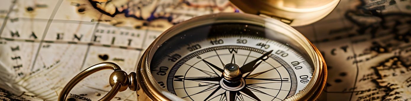 Goldener Kompass liegt geöffnet auf einer alten Weltkarte – Sinnbild für Orientierung, Werte und Leitbild eines Unternehmens.