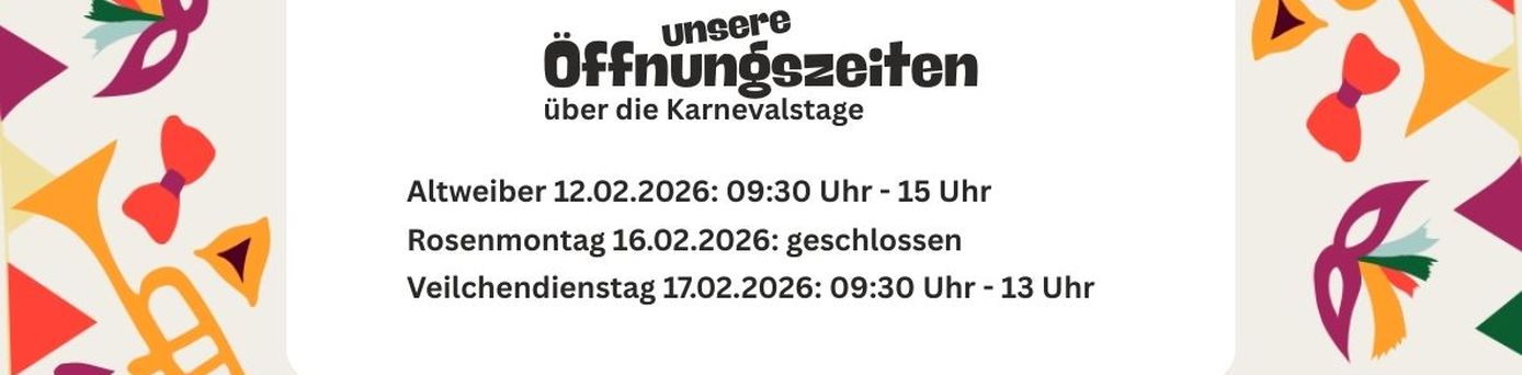Grafik der Fernweher Reiselounge mit Öffnungszeiten über die Karnevalstage 2026. Altweiber von 9:30 bis 15 Uhr geöffnet, Rosenmontag geschlossen, Veilchendienstag von 9:30 bis 13 Uhr geöffnet.