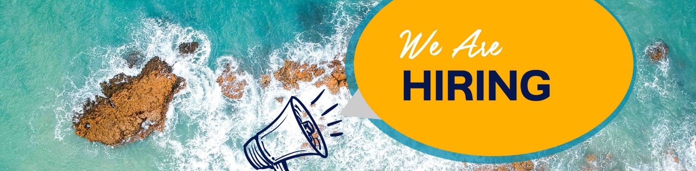 Grafik mit der Aufschrift ‘We Are Hiring’ über einer Luftaufnahme eines türkisfarbenen Meeres mit Felsen.