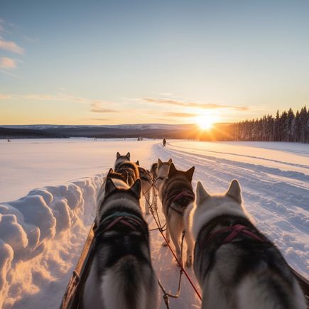 Schlittenhunde ziehen den Schlitten in Richtung Sonnenuntergang