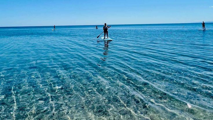 Frau steht auf einem SUP im Meer