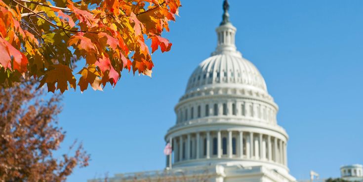 Herbstlaub in leuchtenden Farben vor einem weißen Kuppelgebäude an einem klaren, blauen Himmel.