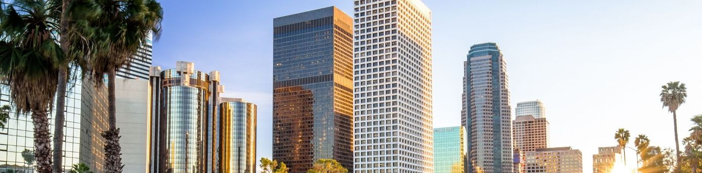 Los Angeles Downtown mit Hochhäusern und Palmen bei Sonnenuntergang