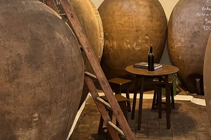 Weinkeller mit Leiter und Tisch mit Weinflasche