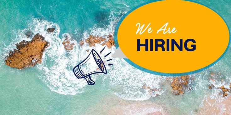 Grafik mit der Aufschrift ‘We Are Hiring’ über einer Luftaufnahme eines türkisfarbenen Meeres mit Felsen.
