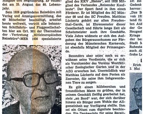 22. August 1973, Zeitungsartikel zum 80. Geburtstag von Matthias Lückertz