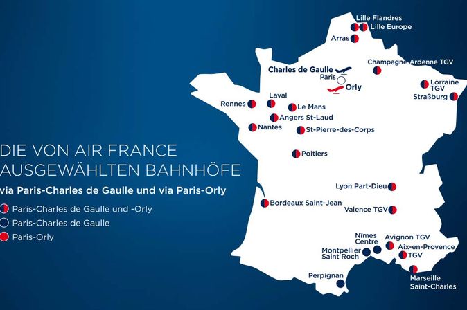 Air France Karte zeigt Flughafen Anbindung an das Schienennetz