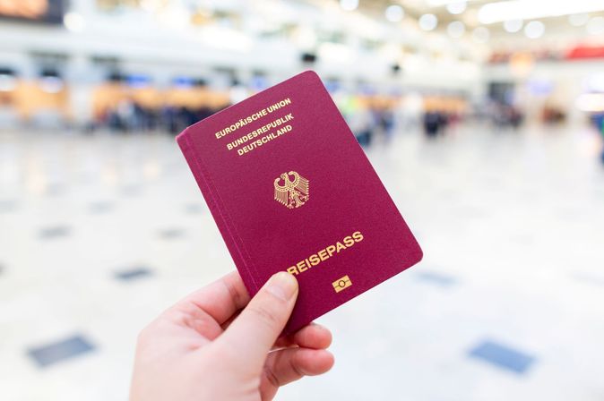 Hand hält Reisepass im Flughafen, unscharfer Hintergrund mit Check-in-Bereich.